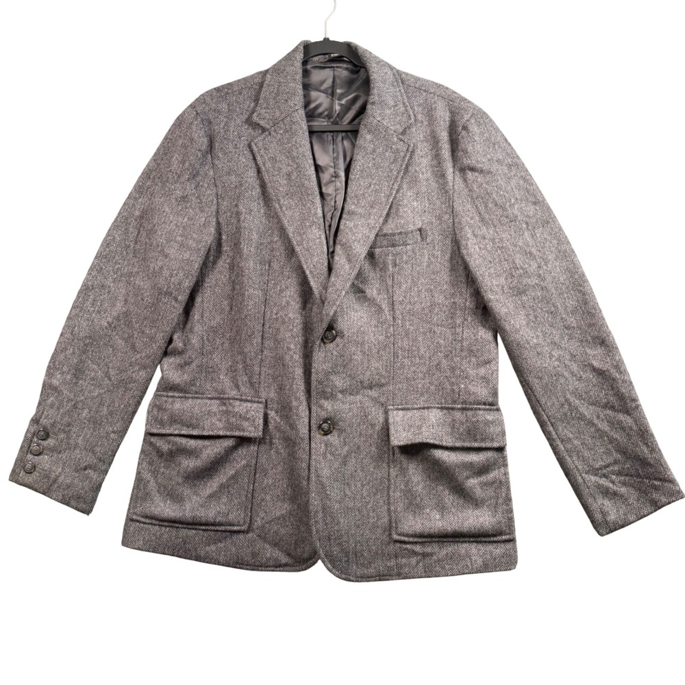 Vintage‎ Y2K Old Navy Blazer Mens L Gray Herringbone Wool Blend Academia Preppy